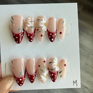 Press-On Nail Set - Nude & Burgundy Floral French Tips